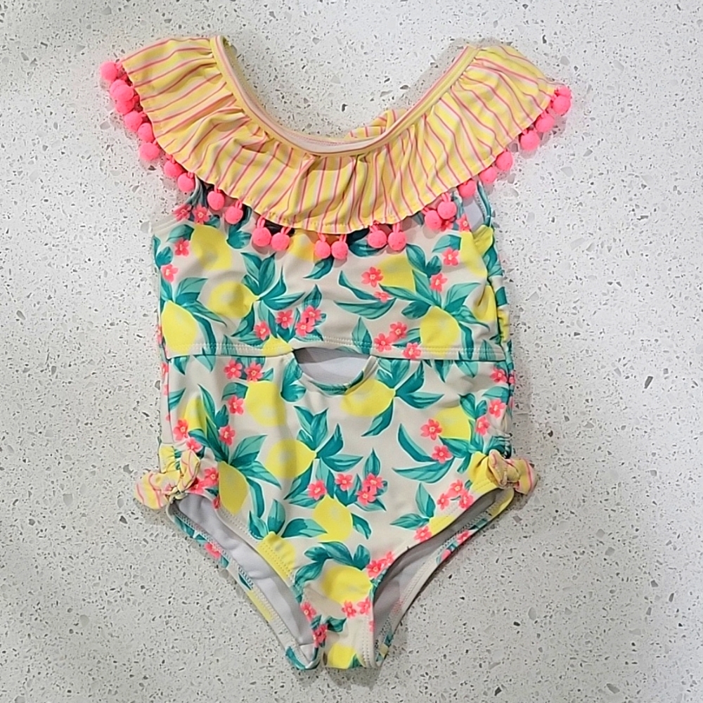 Nicole Miller New York Toddler Girls Lemon Print Pom One Piece Swimsuit Size 4T